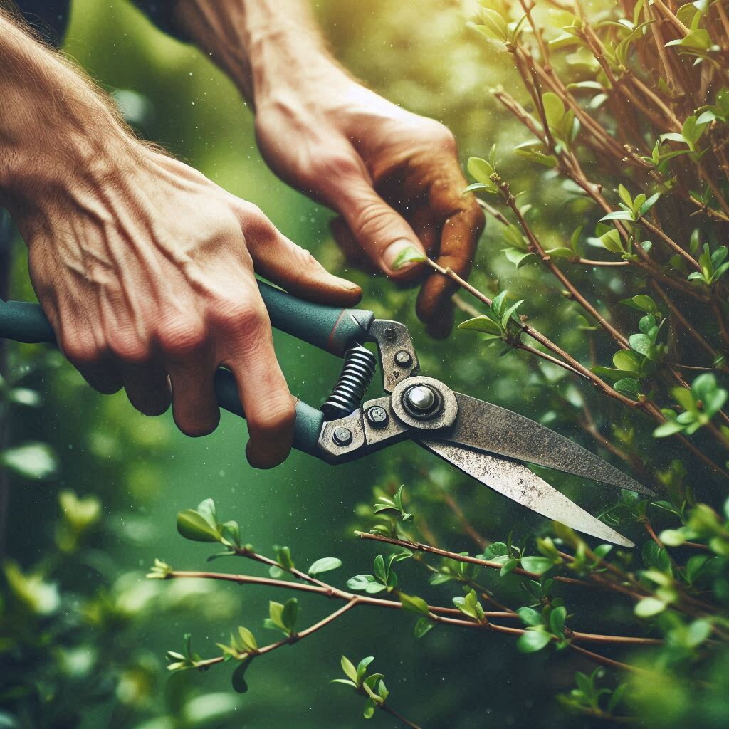 Záhradné nožnice pri strihaní kríkov v starostlivo upravenej záhrade Záhradné nožnice v akcii, strihajúce konáre kríkov, ktoré pomáhajú udržať záhradu upravenú a zdravú.