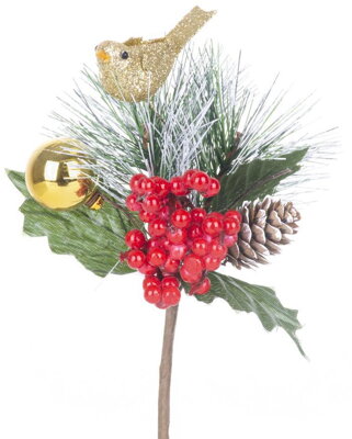 Vetvička MagicHome Vianoce, s vtáčikom, červeno - zlatá, 16 cm, bal. 6 ks