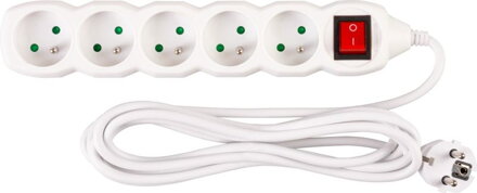 Predlžovací kábel DG-F805BK 3 m, biely, 5 zásuviek + vypínač