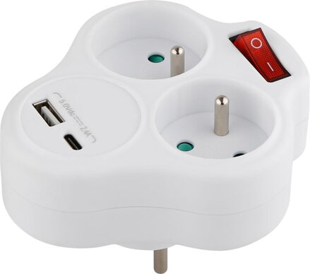 Zásuvka Strend Pro, rozdvojka, biela, 2×16 A, USB A+C, vypínač
