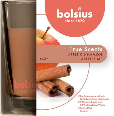 Vonná sviečka Bolsius Jar True Scents 95/95 mm, škorica/jablko, v skle