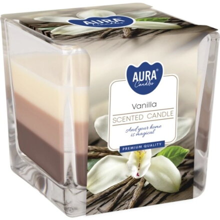 Sviečky AURA, v skle, trojfarebná, Vanilka, 32h, 170g