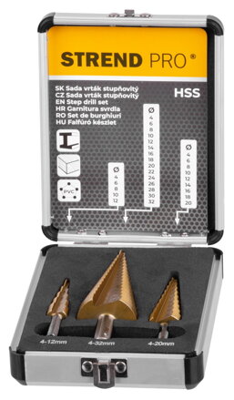 Sada stupňovitých vrtákov Strend Pro – 3 ks, HSS, TiN povrch