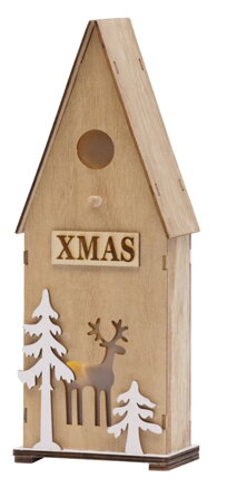 Vianočná dekorácia z dreva Vtáčia búdka, 3x LED, 12x7x32 cm