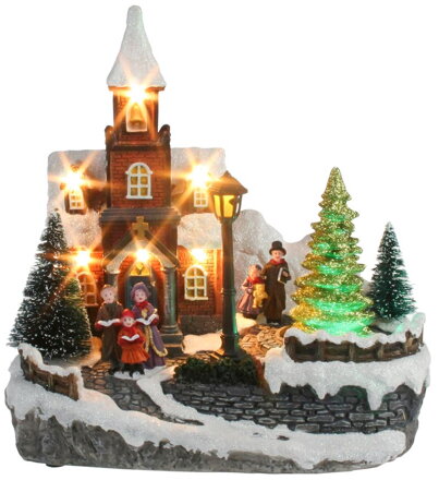 Vianočná dekorácia Kostol, 8 LED meniaca farby, s melódiami, 3xAA, interiér, 21x14,5x20,8 cm