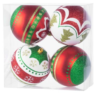 Vianočné gule na stromček 4 ks, červeno-zelené, s ornamentami, 10 cm