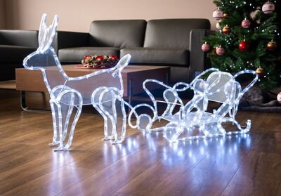 Vianočná dekorácia Sob so saňami, 312 LED studená biela, 230V, 50 Hz, exteriér, 59x132x30cm