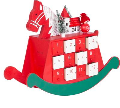 Vianočná dekorácia Drevený adventný kalendár - koník, 2 LED, 2xAAA, 34,50x12x28 cm