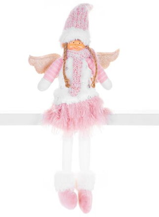 Vianočná dekorácia Anjelik s ružovou krátkou sukňou, látkový, ružovo-biely, 23x12x59 cm