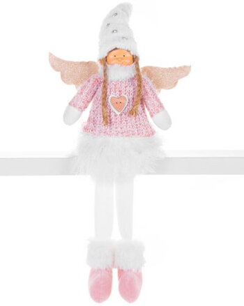 Vianočná dekorácia Anjelik s bielou krátkou sukňou, látkový, ružovo-biely, 23x12x59 cm
