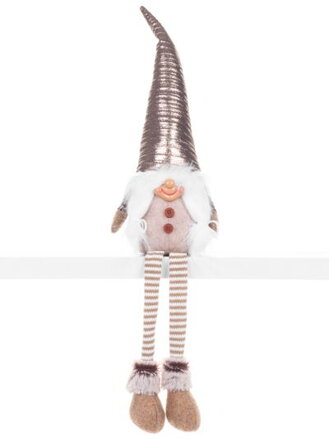 Vianočná dekorácia Škriatok s dlhými nohami, látkový, strieborno-sivý, 17x12x59 cm