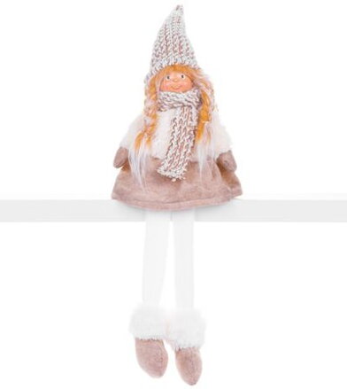 Vianočná dekorácia Dievčatko s vysokým klobúkom, látkové, hnedo-biele, 17x12x54 cm