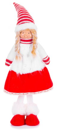 Vianočná dekorácia Dievčatko v šatách, látkové, červeno-biele, 17x13x48 cm