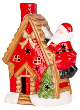 Vianočná dekorácia Domček so santom na streche, LED, terakota,27x13x34 cm