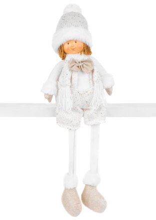 Vianočná dekorácia Chlapček v bielej čiapke s dlhými nohami, bielo-zlatý, látkový, 15x10x45 cm