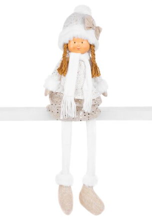 Vianočná dekorácia Dievčatko v bielej čiapke s dlhými nohami, bielo-zlaté, látkové, 15x10x45 cm