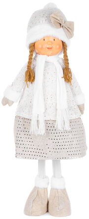 Vianočná dekorácia Dievčatko v bielej čiapke, bielo-zlaté, látkové, 30x19x79 cm