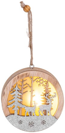 Vianočná dekorácia Jeleň v guli, LED, závesná, MDF, 8,5x2x8,5 cm