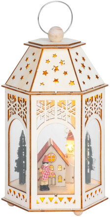 Vianočný lampáš Drevená dedinka, 9 LED, teplá biela, 30 cm