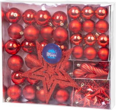 Vianočné ozdoby na stromček sada, 50 ks, 4-5 cm, červené, hviezda, girlanda, šiška