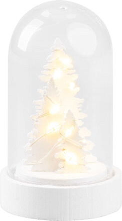 Vianočná dekorácia Biely stromček v kupole, LED, teplá biela, 9 cm