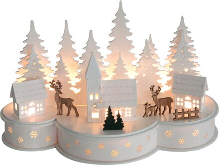 Vianočná dekorácia Dedinka s jeleňmi, 10 LED teplá biela, 2xAA, MDF, 30x14x19,5 cm