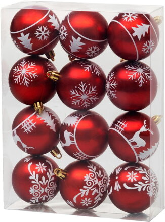 Vianočné gule MagicHome 12 ks, 6 cm, červené s bielym ornamentom