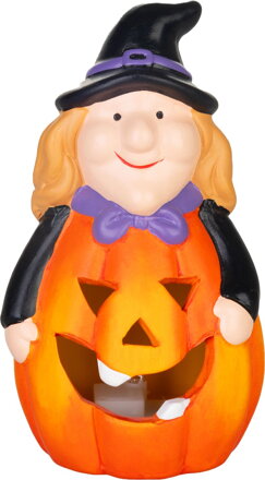 Dekorácia MagicHome Nature, tekvica s ježibabou, LED, terakota, 6,8x7,5x12,8 cm