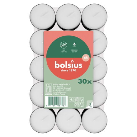 Čajové sviečky Bolsius, 6 hod., biela, bal. 30 ks