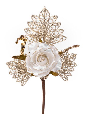 MagicHome Vetvička s ružou, bielo - zlatá, 26cm, 6 ks
