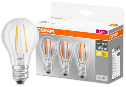 Žiarovka OSRAM® LED FIL 060 non-dim, 7W/827 E27 2700K MULTIPACK, Star CLASSIC, ČÍRA