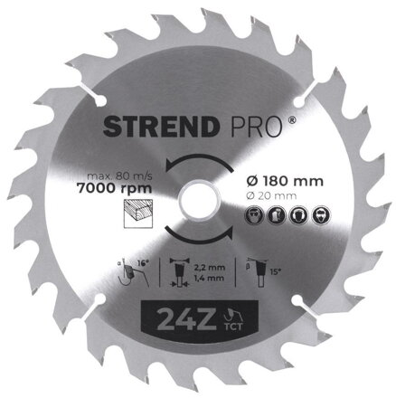 Pílový kotúč Strend Pro TCT 180x2.2x20/16 mm 24T, na drevo, SK plátkami