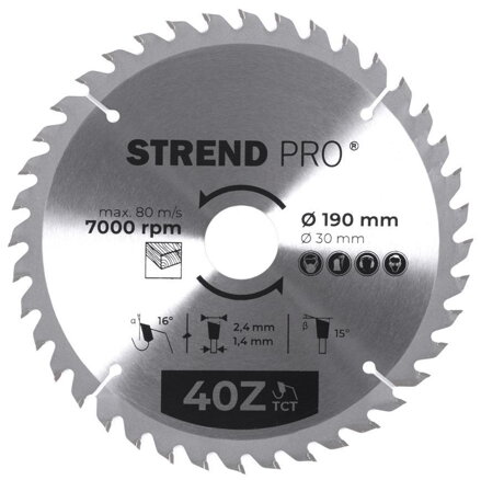 Pílový kotúč Strend Pro TCT 190x2.4x30/20 mm 40T, na drevo, SK plátkami