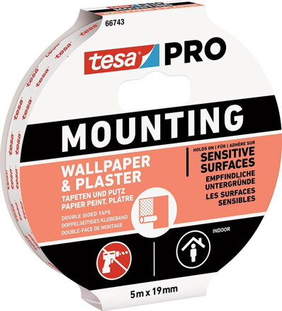 Obojstranná lepiaca páska tesa® Mounting PRO, montážna, na tapety a omietky, 19 mm, L-5 m