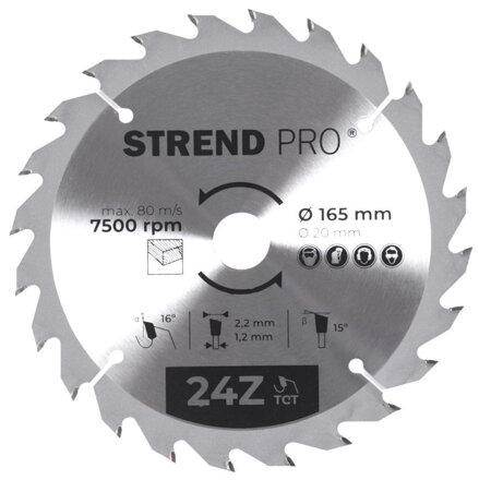 Pílový kotúč Strend Pro TCT 165x2.2x20 mm 24T, na drevo, SK plátkami