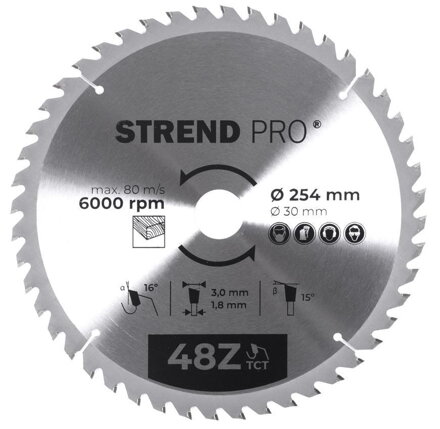 Pílový kotúč Strend Pro TCT 254x3.0x30/20 mm 48T, na drevo, SK plátkami