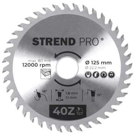 Pílový kotúč Strend Pro TCT 125x1.8x22.2 mm 40T, na drevo, SK plátkami