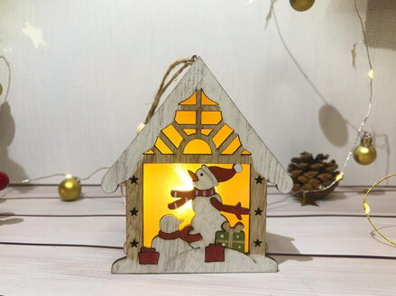 Vianočná dekorácia Snehuliak v domčeku, LED, závesná, 9,2x3x10,4 cm