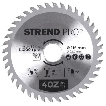 Pílový kotúč Strend Pro TCT 115x1.8x22.2 mm 40T, na drevo, SK plátkami