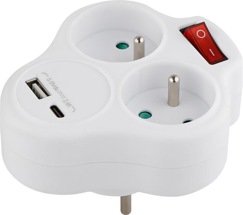 Zásuvka Strend Pro, rozdvojka, biela, 2×16 A, USB A+C, vypínač