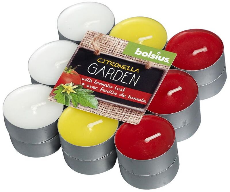 Čajové sviečky Bolsius Tealight Citronella, repelentné, mix farieb, paradajka, balenie 18 ks