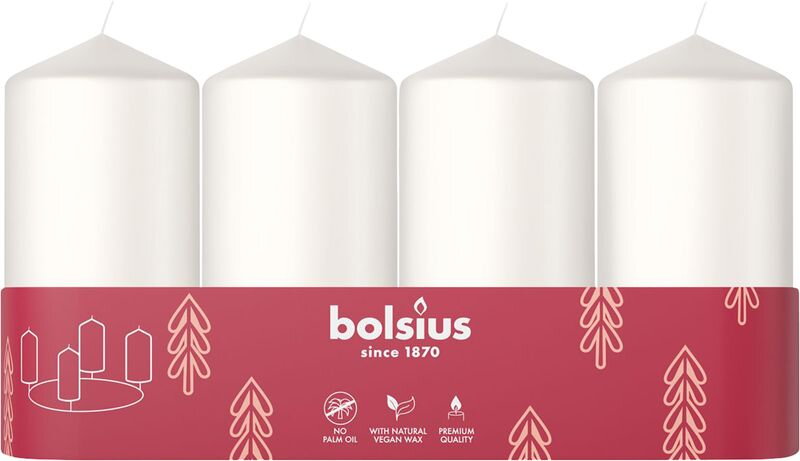 Adventné sviečky Bolsius Pillar, biele, 48x100 mm, 4 ks