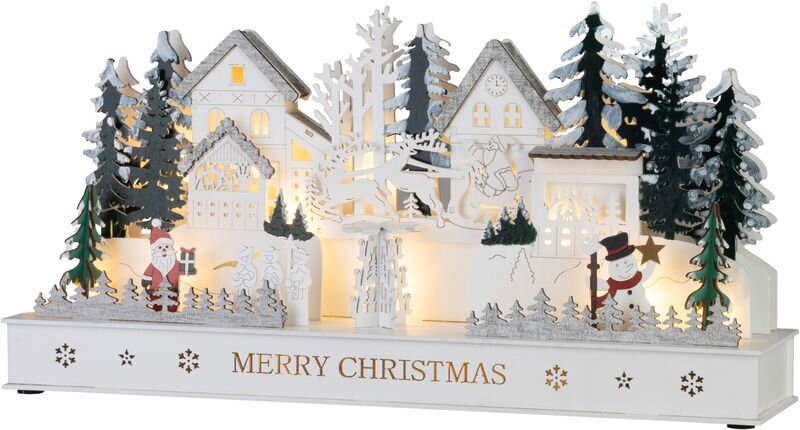 Dekorácia MagicHome Vianoce, dedinka, drevo, 15xLED teplá biela, 45x15x22.7 cm, 2xAA