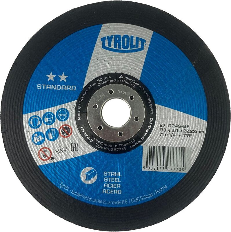 Kotúč Tyrolit 178x6,0x22,2 mm, 27, A24S-BF, oceľ, Standard Kotúč Tyrolit 178x6,0x22,2 mm, 27, A24S-BF, oceľ, Standard
