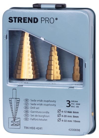 Sada vrtákov STREND PRO SS421, 4-12, 4-20, 4-32 mm, TiN, HSS 4241, stupňovitý, rovný, do kovu