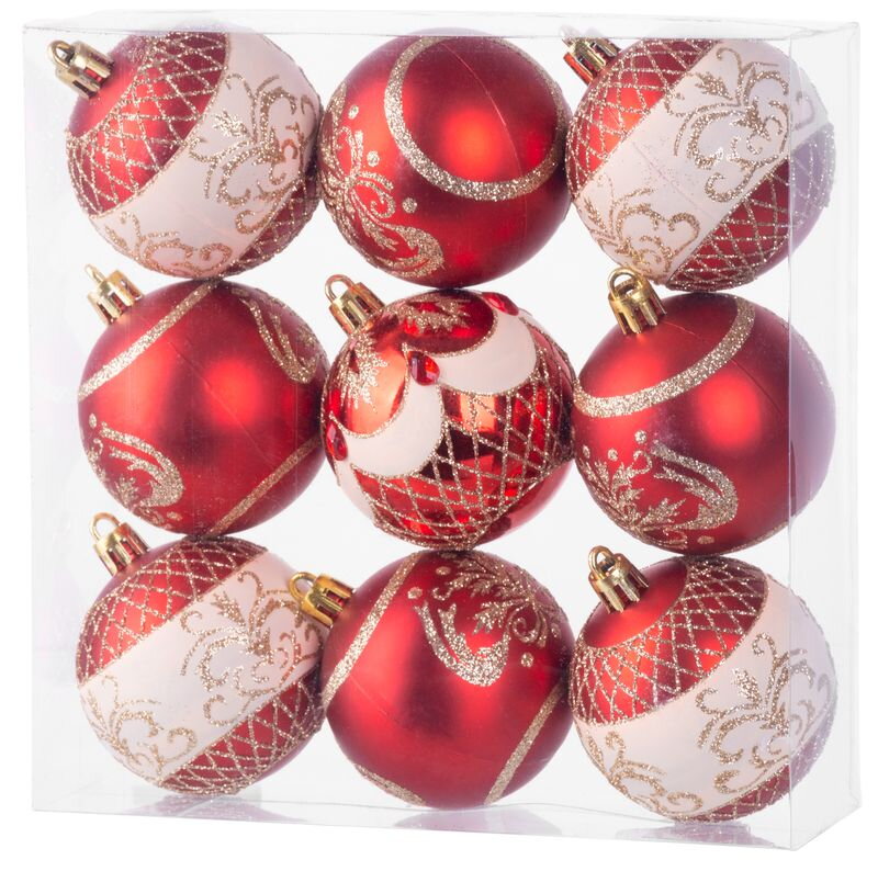 Vianočné gule na stromček 9 ks, červené s ornamentom, 6 cm Vianočné gule na stromček 9 ks, červené s ornamentom, 6 cm