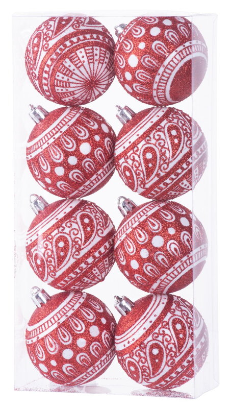 Vianočné ozdoby na stromček 8 ks, 6 cm, červené s bielym ornamentom Vianočné ozdoby na stromček 8 ks, 6 cm, červené s bielym ornamentom