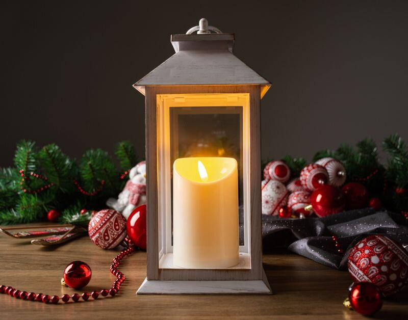 Vianočný lampáš LED, plast, biely, plápolajúci efekt, 33 cm