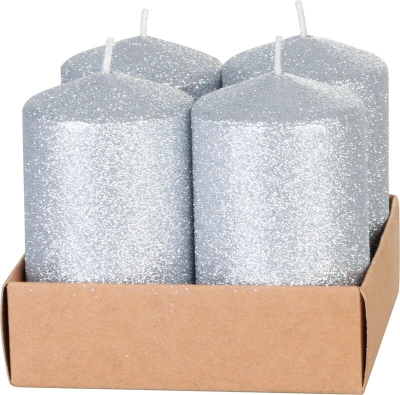 Adventné sviečky MagicHome, 4,8×8 cm, strieborné, trblietavé, sada 4 ks Adventné sviečky MagicHome, 4,8×8 cm, strieborné, trblietavé, sada 4 ks