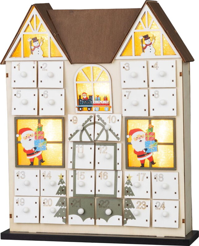 Dekorácia MagicHome Vianoce, Adventný kalendár Domček, drevený, 8xLED, teplá biela, 2xAAA, IP20, 26x7x32 cm